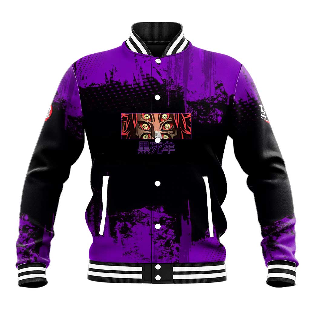 Kokushibo Demon Slayer Purple Grunge Design Baseball Jacket with Six Eyes Detail and Sword Pose - The Mazicc