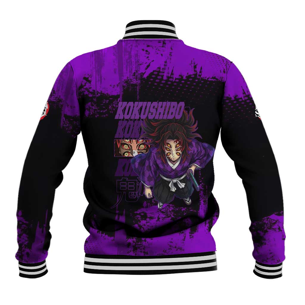 Kokushibo Demon Slayer Purple Grunge Design Baseball Jacket with Six Eyes Detail and Sword Pose - The Mazicc