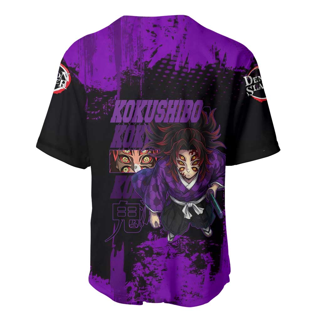 Kokushibo Demon Slayer Purple Grunge Design Baseball Jersey with Six Eyes Detail and Sword Pose - The Mazicc