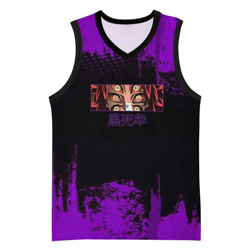 Kokushibo Demon Slayer Purple Grunge Design Basketball Jersey with Six Eyes Detail and Sword Pose - The Mazicc
