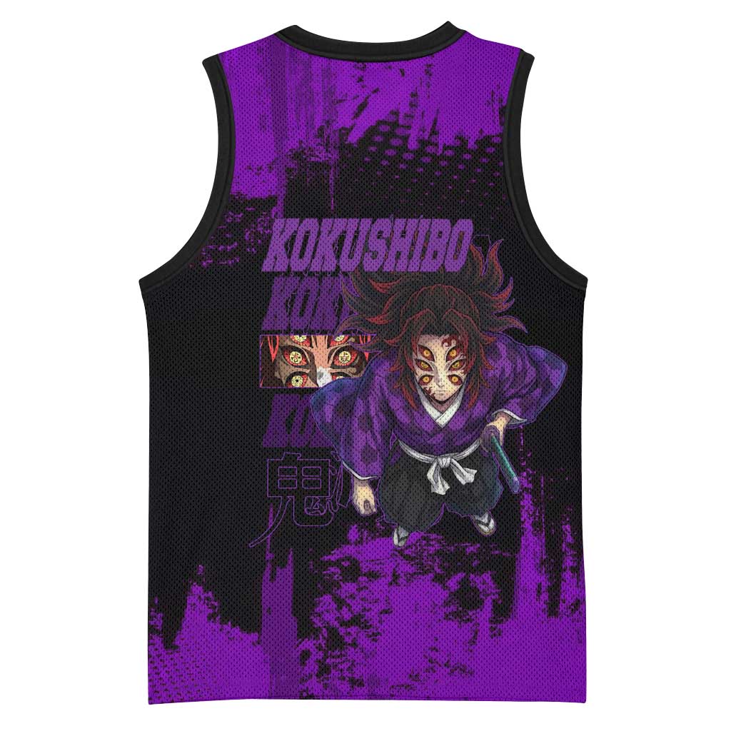Kokushibo Demon Slayer Purple Grunge Design Basketball Jersey with Six Eyes Detail and Sword Pose - The Mazicc