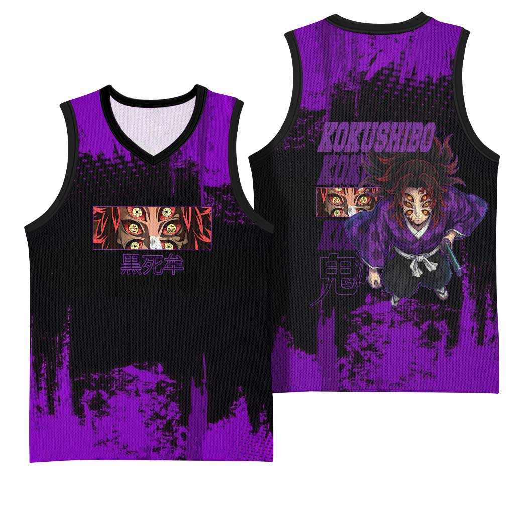 Kokushibo Demon Slayer Purple Grunge Design Basketball Jersey with Six Eyes Detail and Sword Pose - The Mazicc