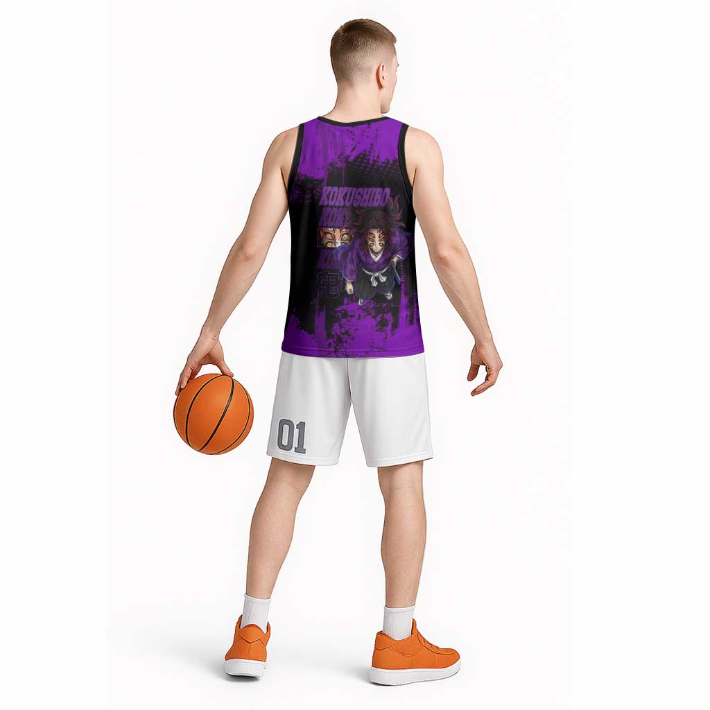 Kokushibo Demon Slayer Purple Grunge Design Basketball Jersey with Six Eyes Detail and Sword Pose - The Mazicc