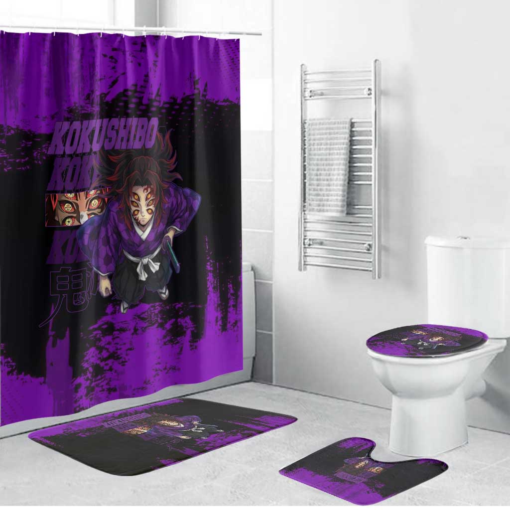 Kokushibo Demon Slayer Purple Grunge Design Bathroom Set with Six Eyes Detail and Sword Pose - The Mazicc