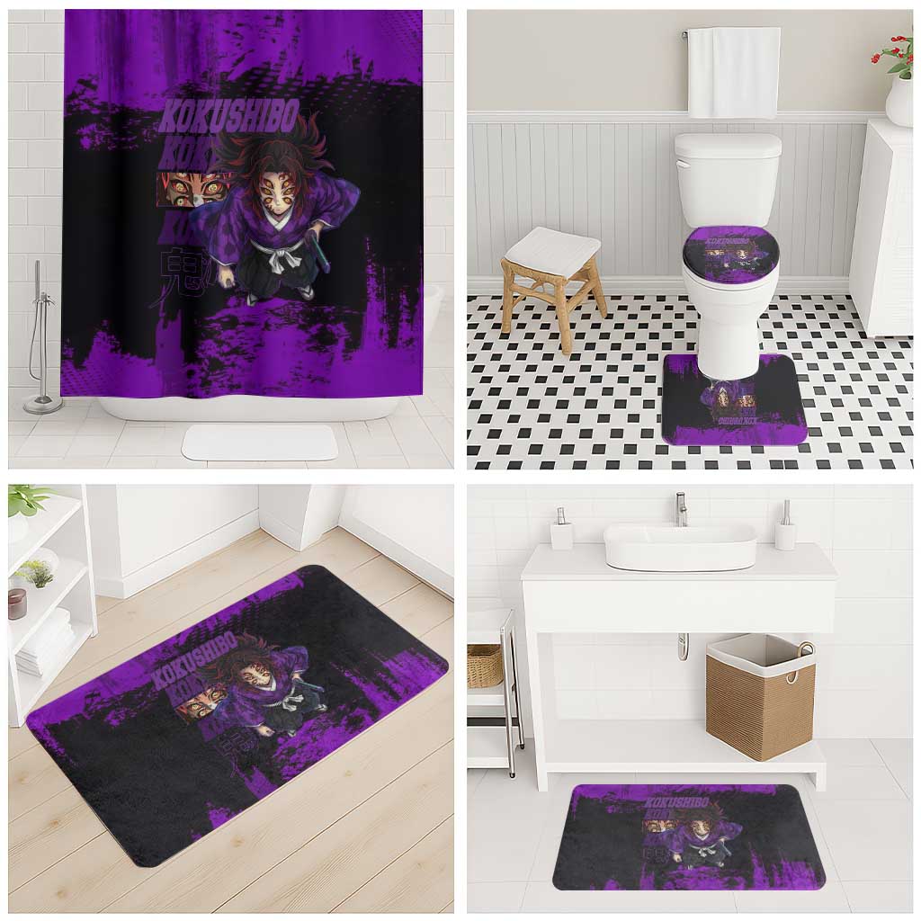 Kokushibo Demon Slayer Purple Grunge Design Bathroom Set with Six Eyes Detail and Sword Pose - The Mazicc