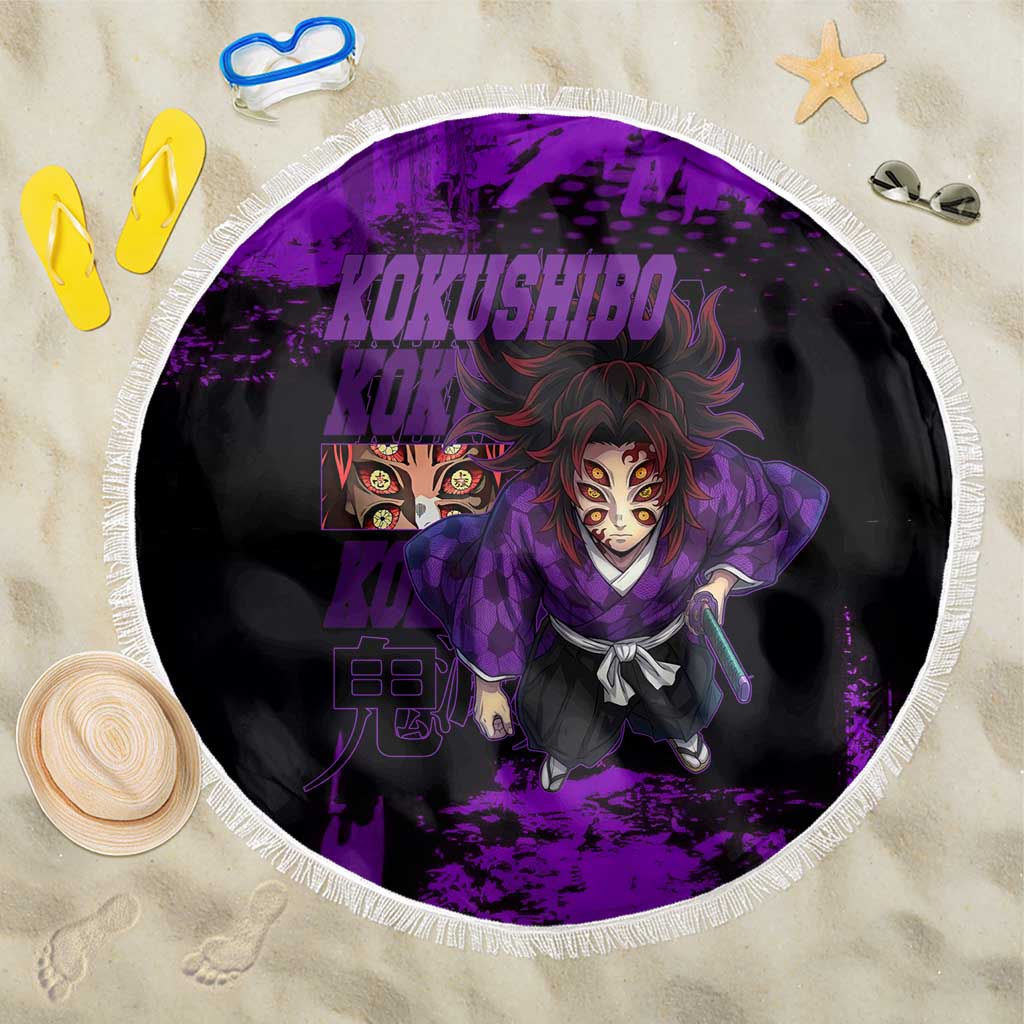 Kokushibo Demon Slayer Purple Grunge Design Beach Blanket with Six Eyes Detail and Sword Pose - The Mazicc