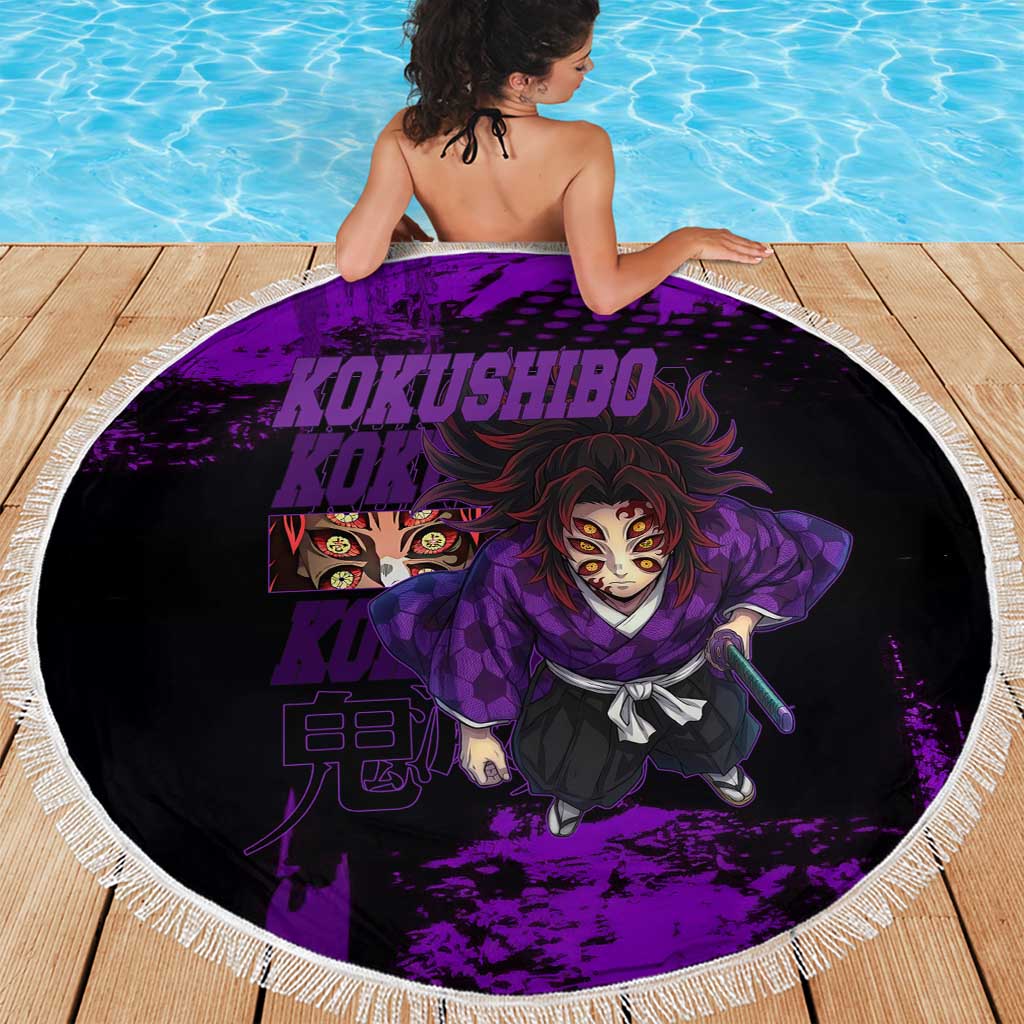 Kokushibo Demon Slayer Purple Grunge Design Beach Blanket with Six Eyes Detail and Sword Pose - The Mazicc