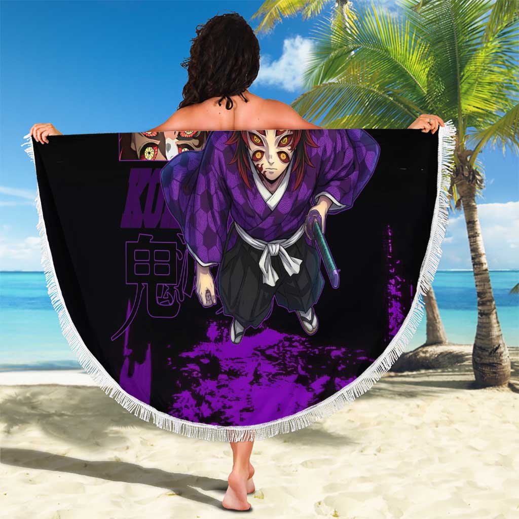 Kokushibo Demon Slayer Purple Grunge Design Beach Blanket with Six Eyes Detail and Sword Pose - The Mazicc
