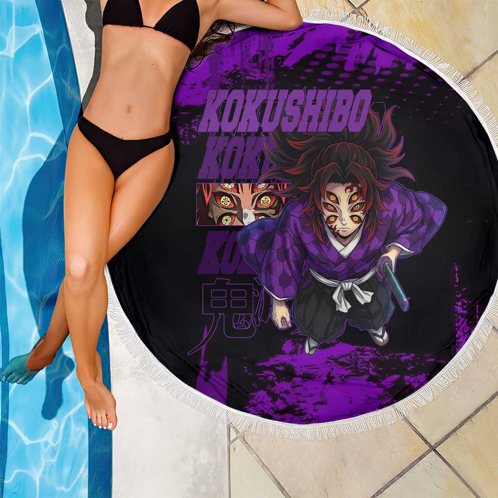 Kokushibo Demon Slayer Purple Grunge Design Beach Blanket with Six Eyes Detail and Sword Pose - The Mazicc
