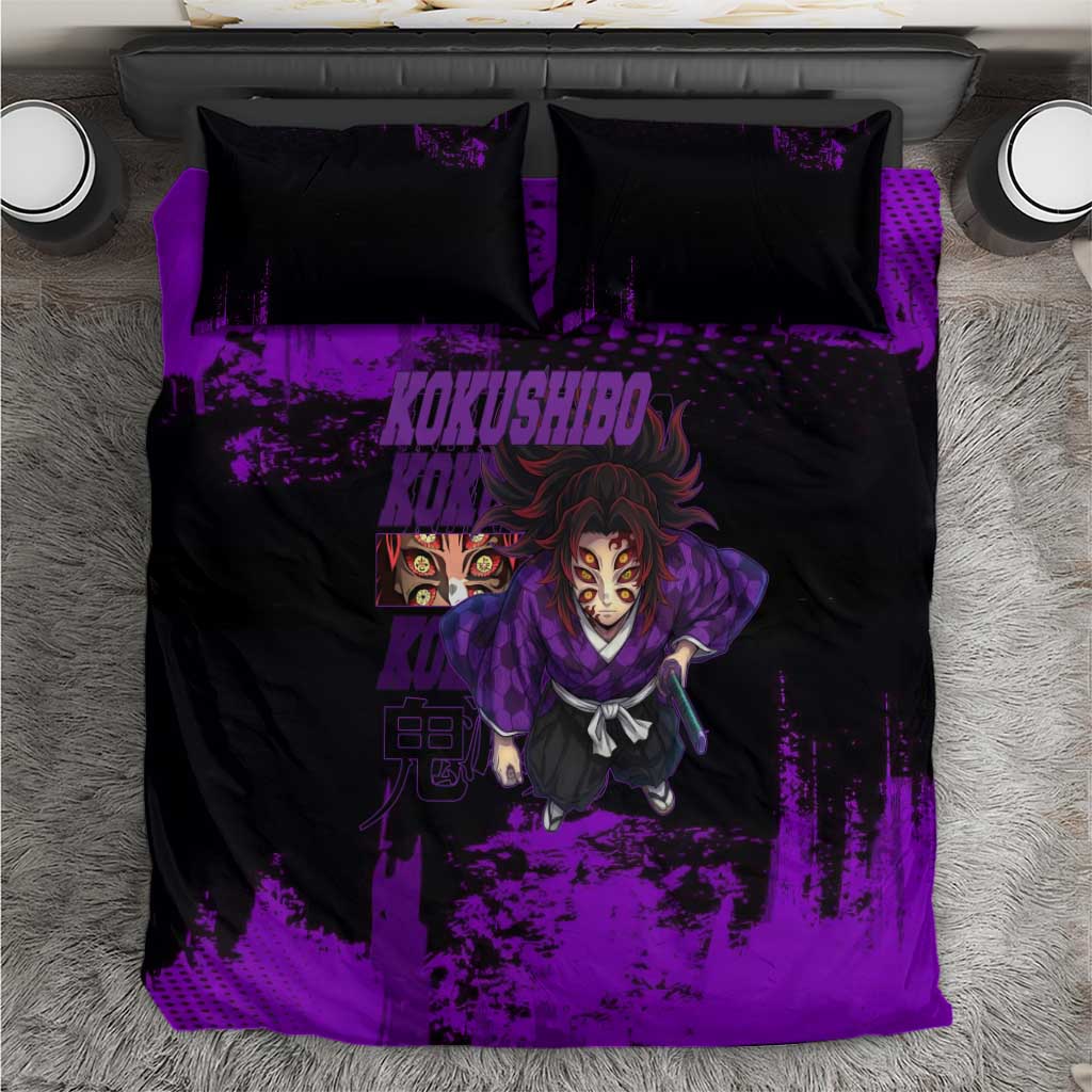 Kokushibo Demon Slayer Purple Grunge Design Bedding Set with Six Eyes Detail and Sword Pose - The Mazicc
