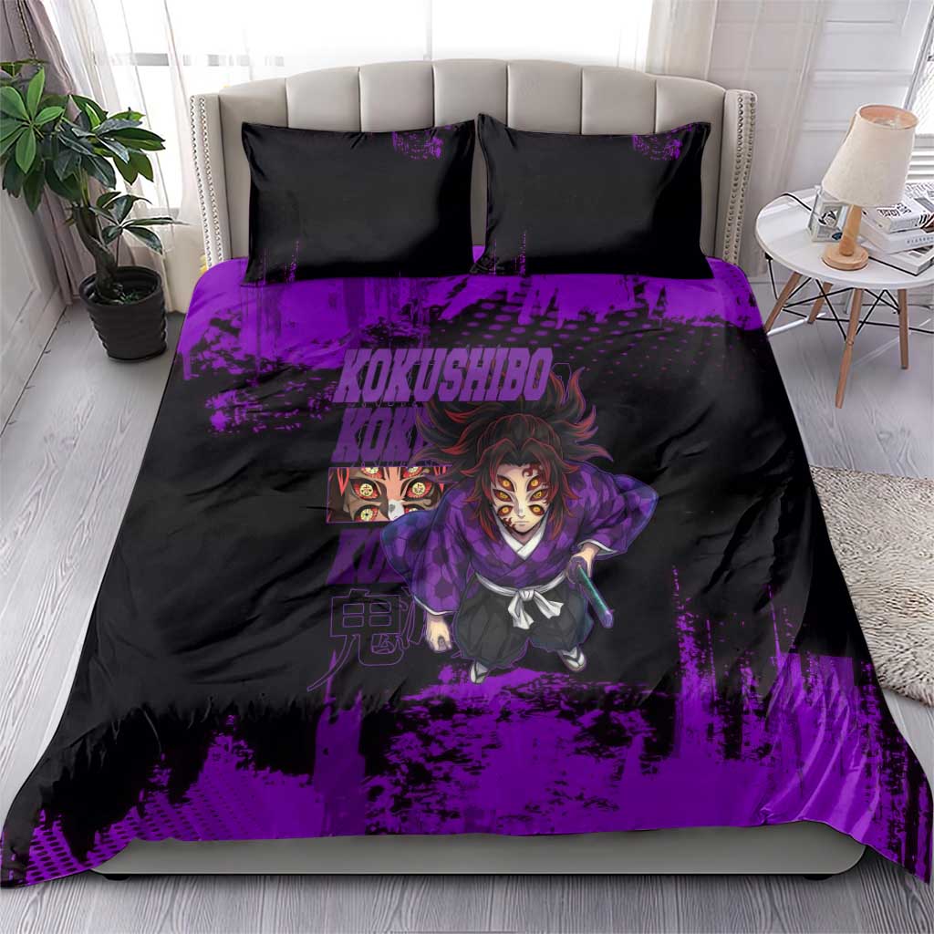 Kokushibo Demon Slayer Purple Grunge Design Bedding Set with Six Eyes Detail and Sword Pose - The Mazicc