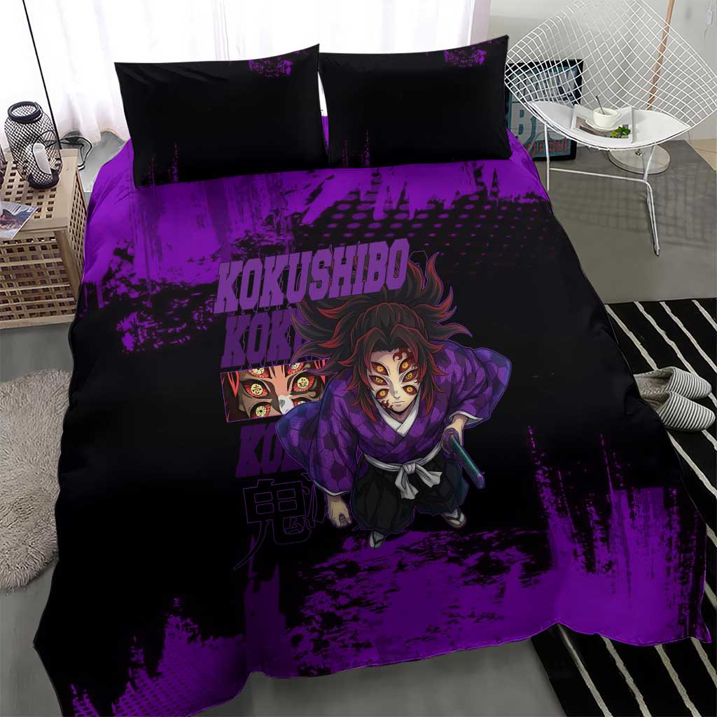 Kokushibo Demon Slayer Purple Grunge Design Bedding Set with Six Eyes Detail and Sword Pose - The Mazicc