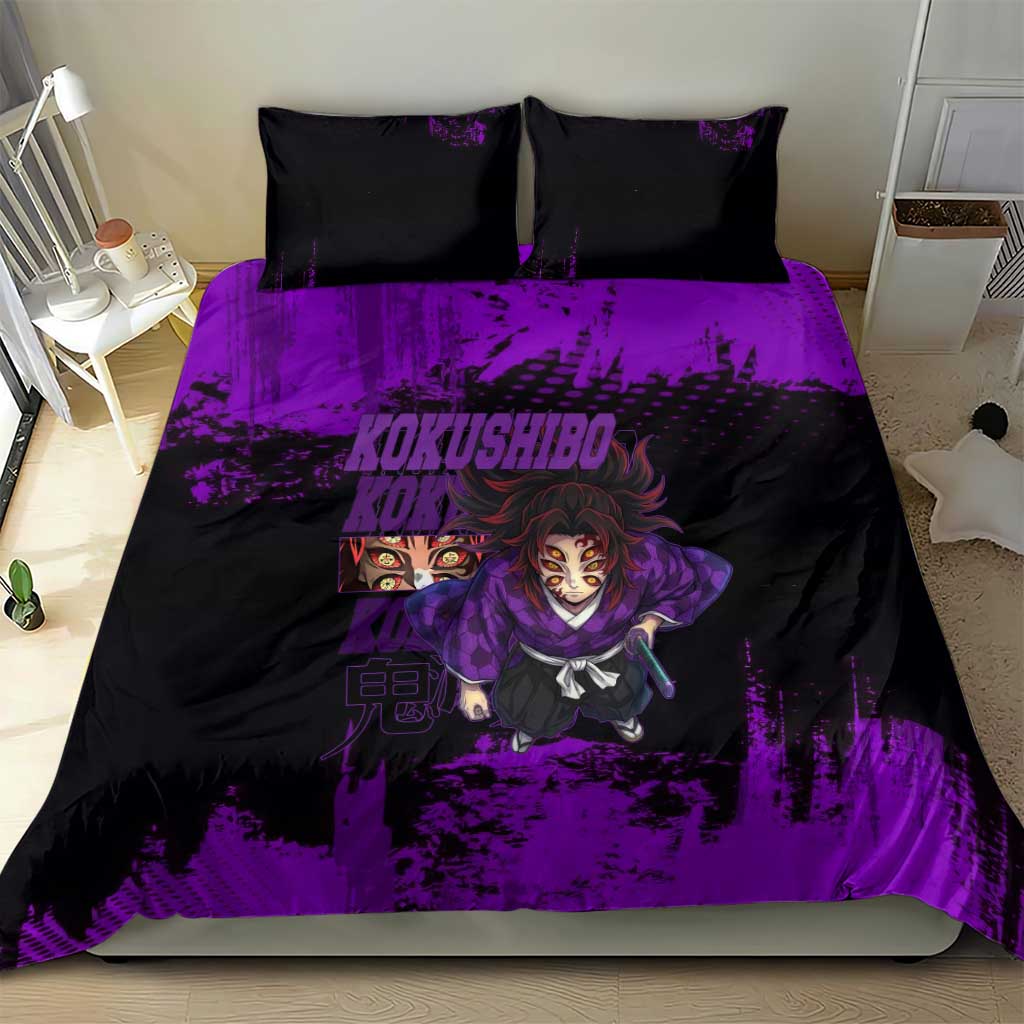 Kokushibo Demon Slayer Purple Grunge Design Bedding Set with Six Eyes Detail and Sword Pose - The Mazicc