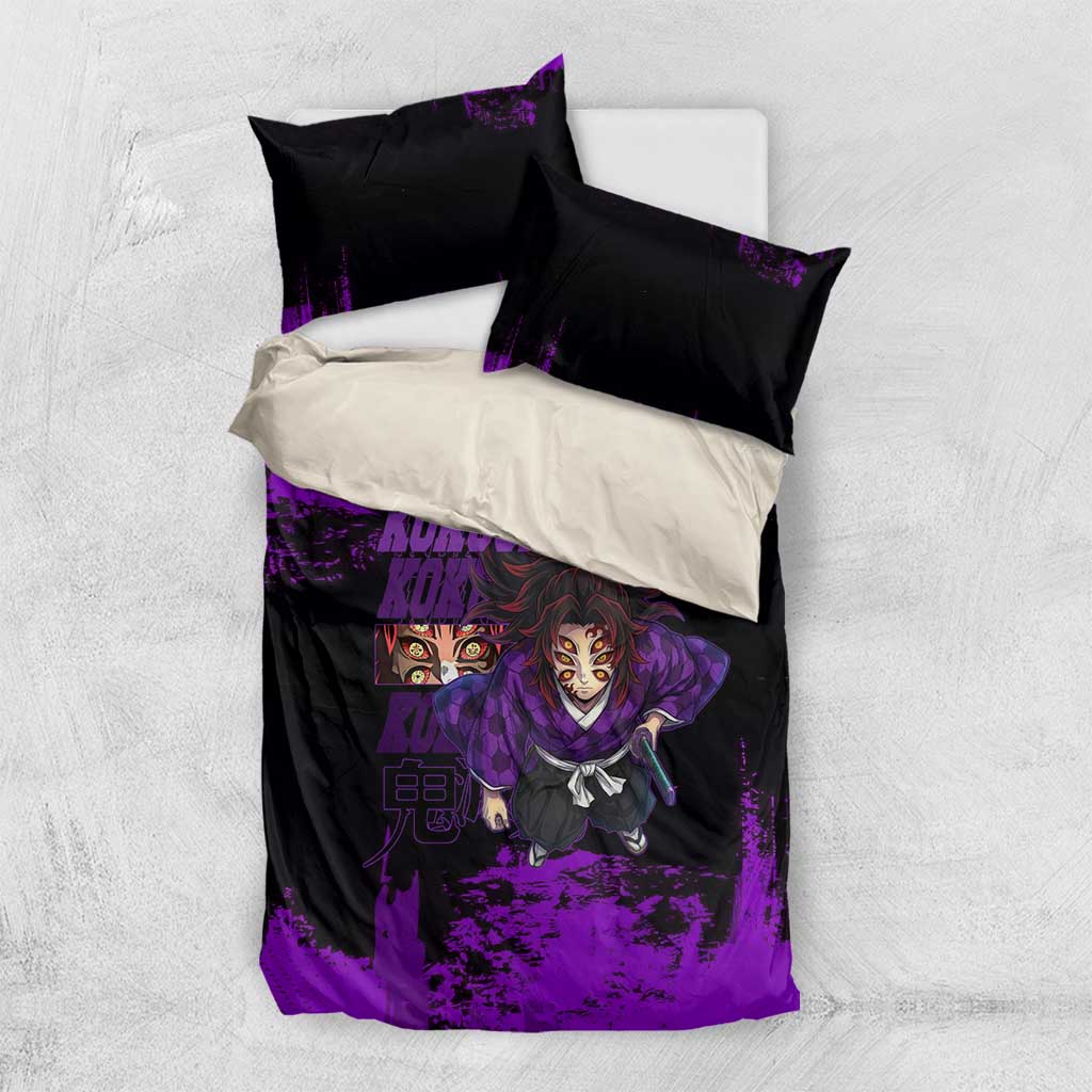 Kokushibo Demon Slayer Purple Grunge Design Bedding Set with Six Eyes Detail and Sword Pose - The Mazicc