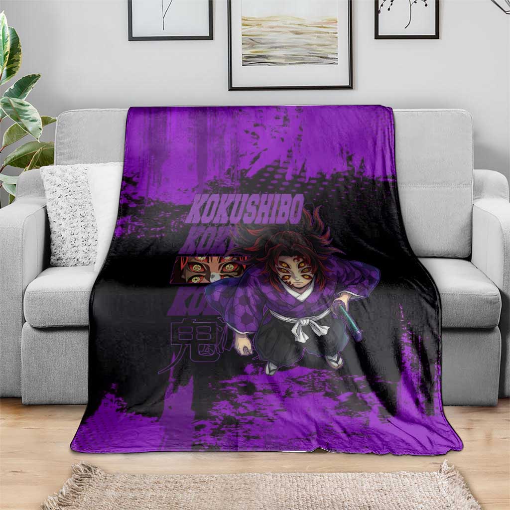 Kokushibo Demon Slayer Purple Grunge Design Blanket with Six Eyes Detail and Sword Pose - The Mazicc