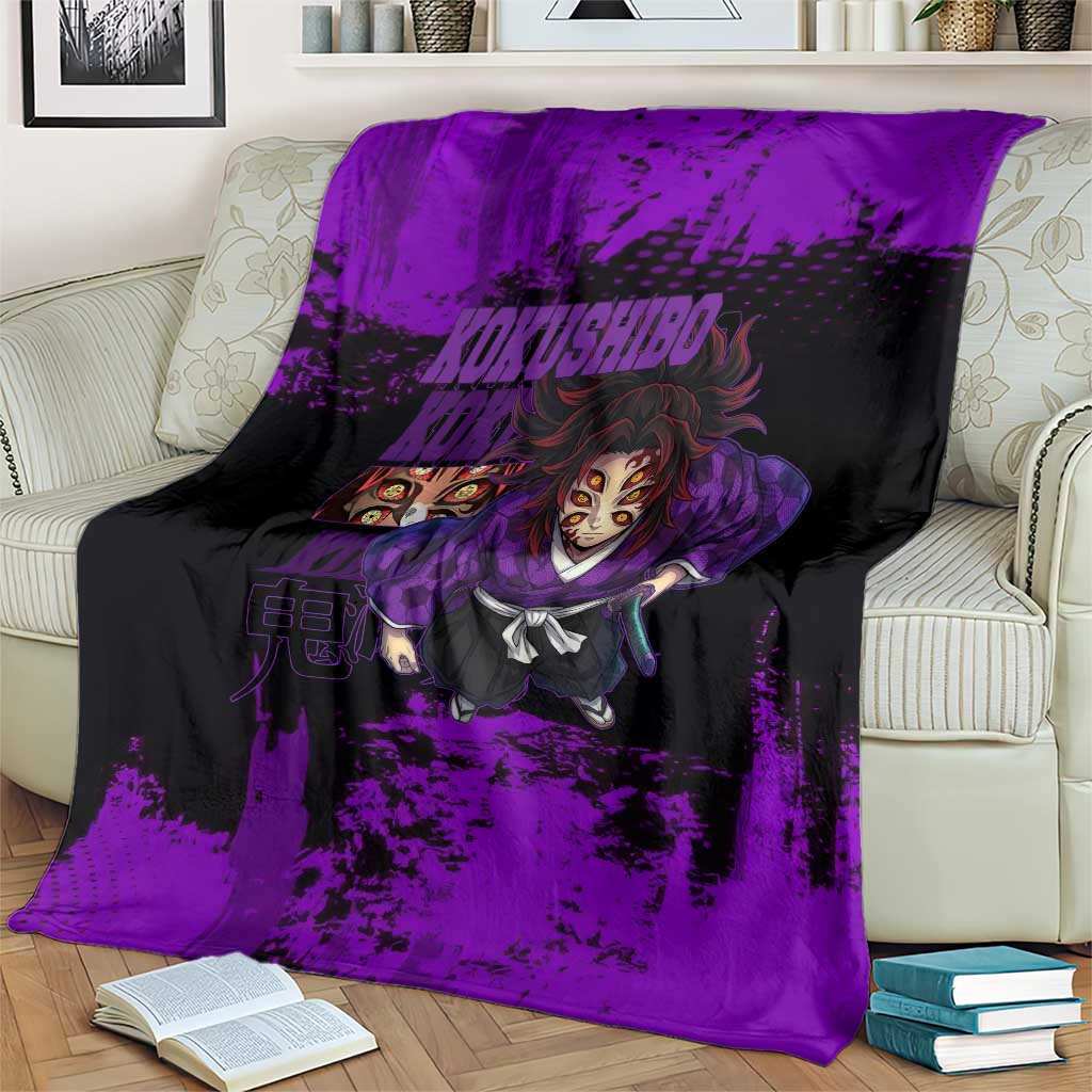 Kokushibo Demon Slayer Purple Grunge Design Blanket with Six Eyes Detail and Sword Pose - The Mazicc