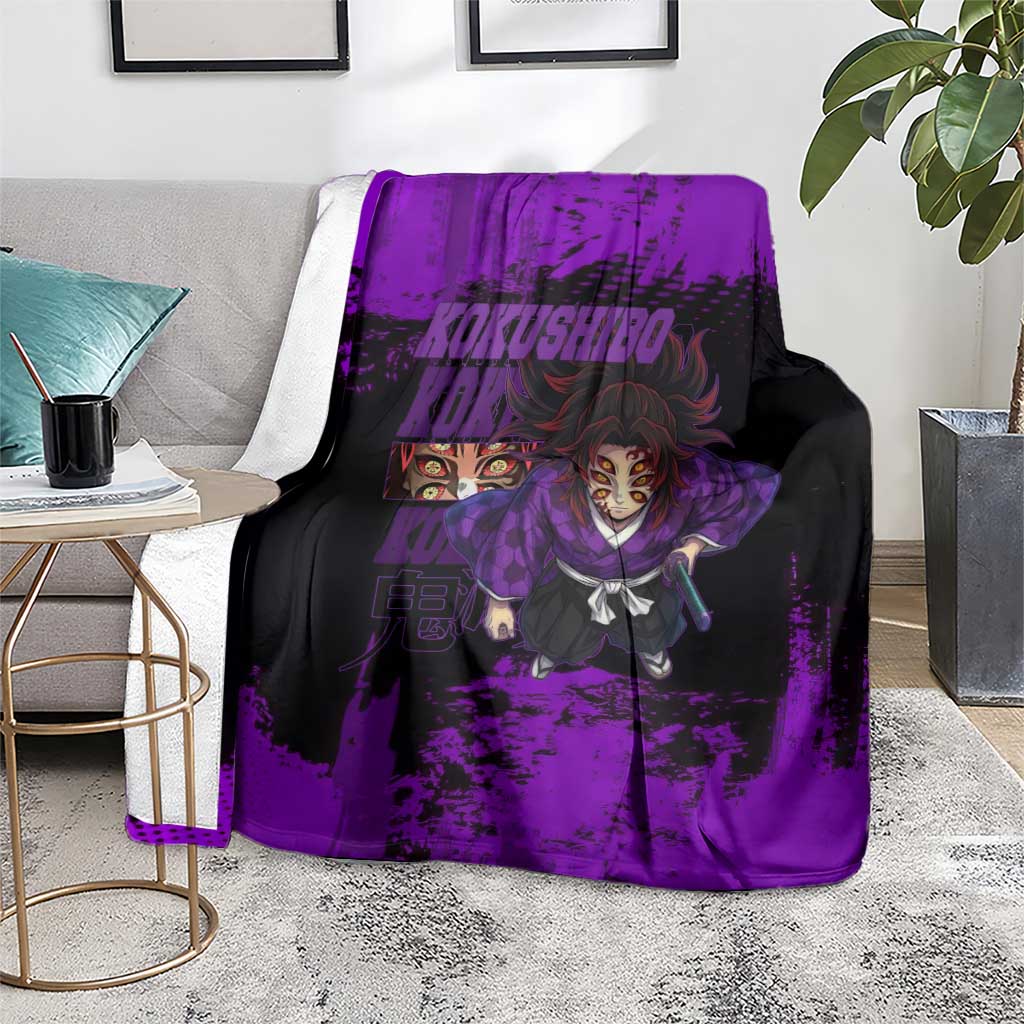 Kokushibo Demon Slayer Purple Grunge Design Blanket with Six Eyes Detail and Sword Pose - The Mazicc