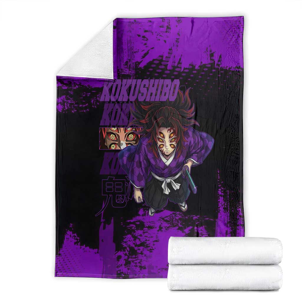 Kokushibo Demon Slayer Purple Grunge Design Blanket with Six Eyes Detail and Sword Pose - The Mazicc