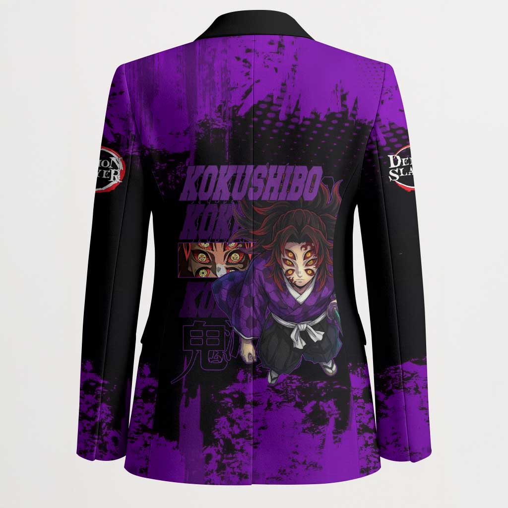 Kokushibo Demon Slayer Purple Grunge Design Blazer with Six Eyes Detail and Sword Pose - The Mazicc