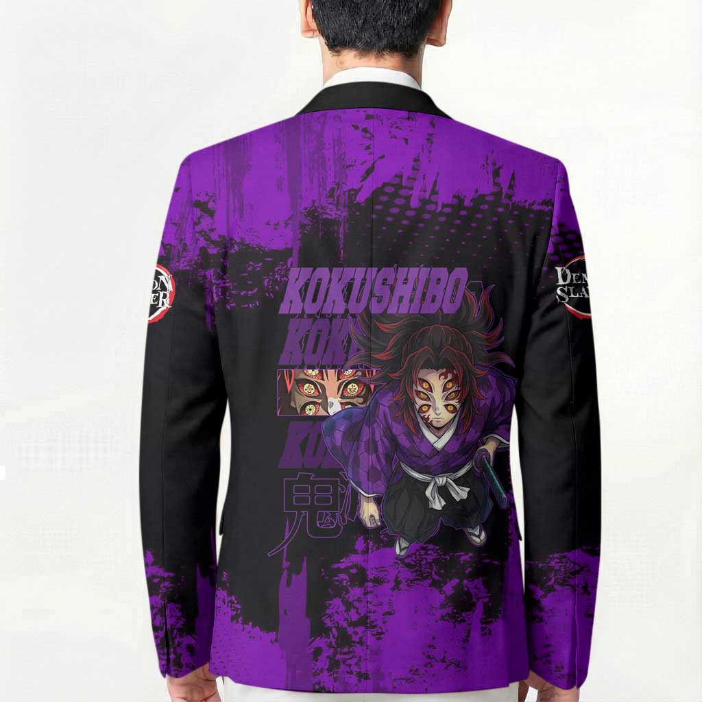 Kokushibo Demon Slayer Purple Grunge Design Blazer with Six Eyes Detail and Sword Pose - The Mazicc