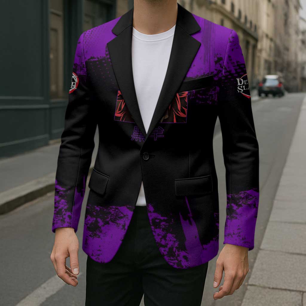 Kokushibo Demon Slayer Purple Grunge Design Blazer with Six Eyes Detail and Sword Pose - The Mazicc