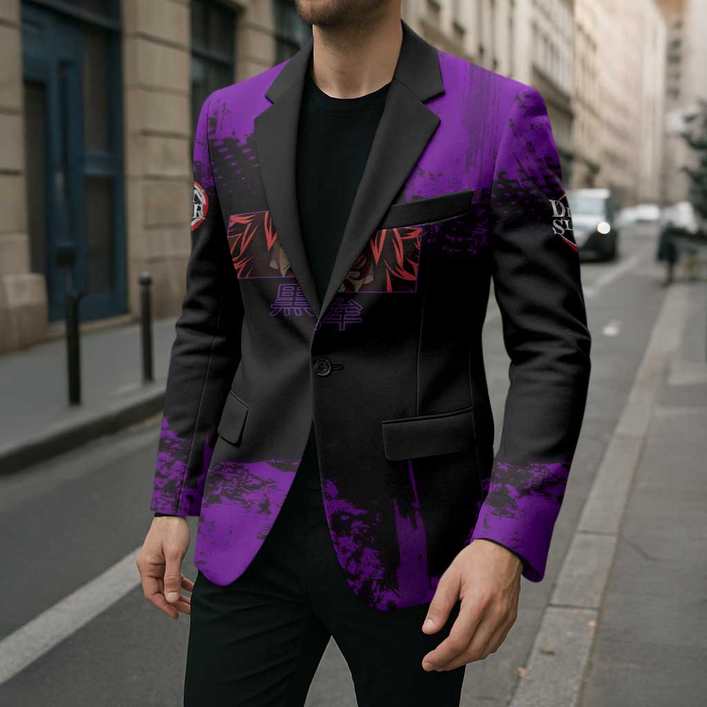Kokushibo Demon Slayer Purple Grunge Design Blazer with Six Eyes Detail and Sword Pose - The Mazicc
