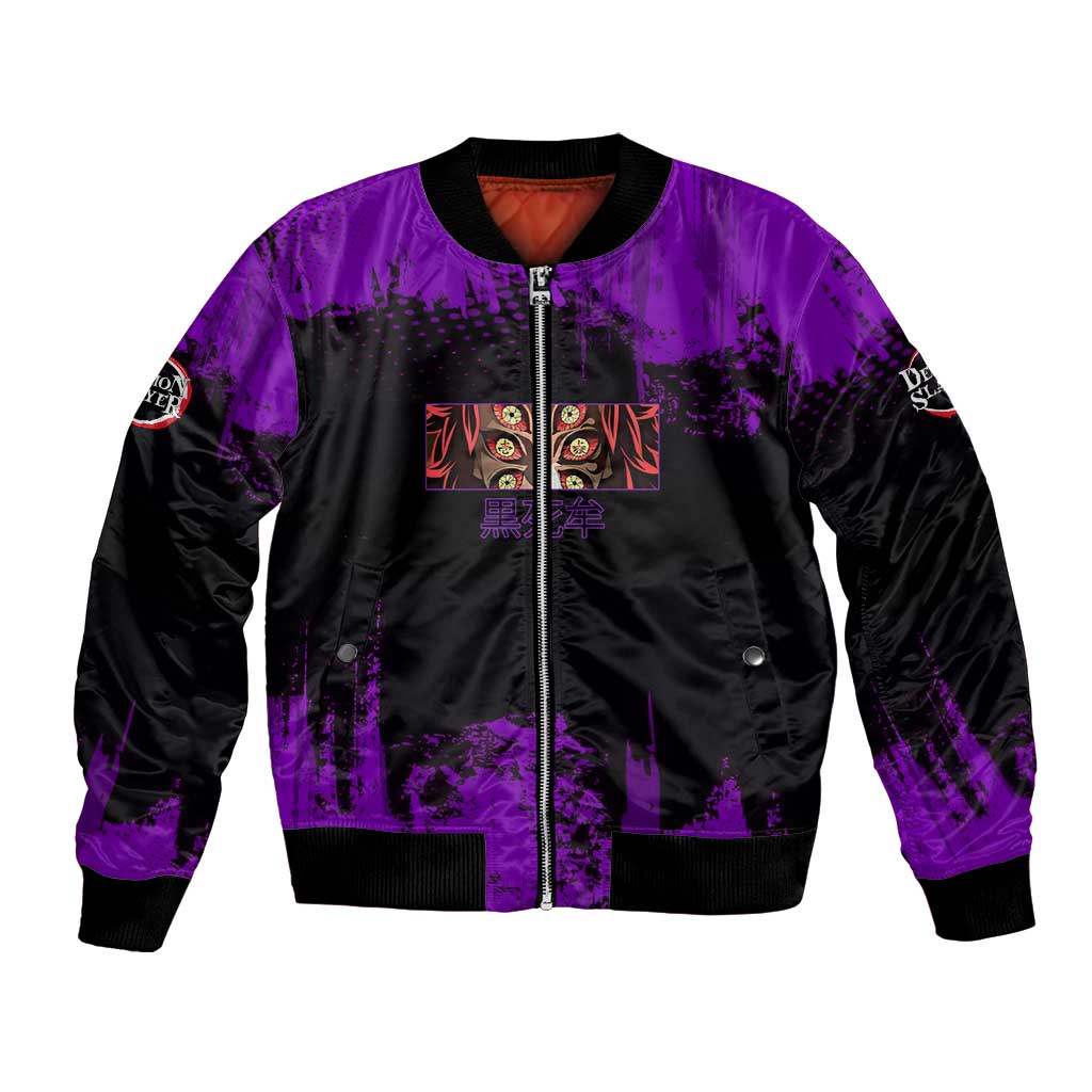 Kokushibo Demon Slayer Purple Grunge Design Bomber Jacket with Six Eyes Detail and Sword Pose - The Mazicc