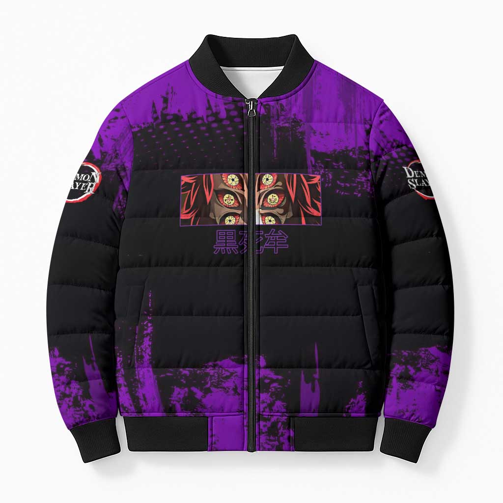 Kokushibo Demon Slayer Purple Grunge Design Bomber Puffer Jacket with Six Eyes Detail and Sword Pose - The Mazicc