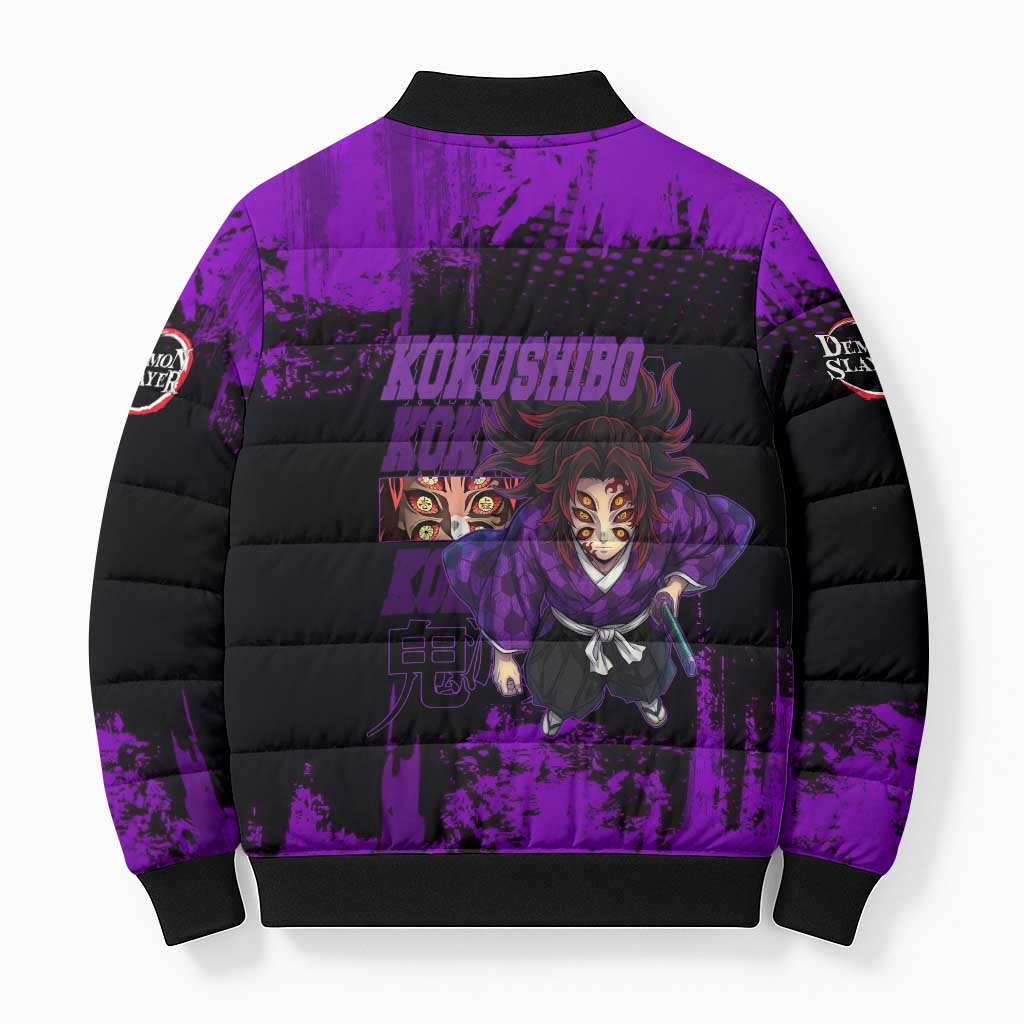 Kokushibo Demon Slayer Purple Grunge Design Bomber Puffer Jacket with Six Eyes Detail and Sword Pose - The Mazicc