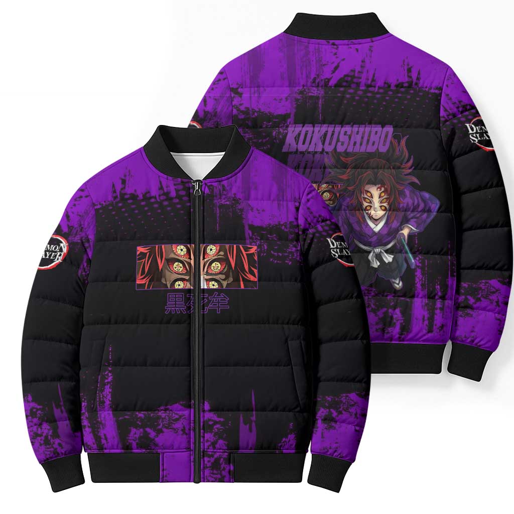 Kokushibo Demon Slayer Purple Grunge Design Bomber Puffer Jacket with Six Eyes Detail and Sword Pose - The Mazicc