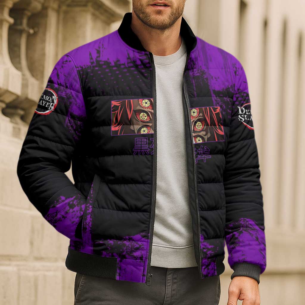Kokushibo Demon Slayer Purple Grunge Design Bomber Puffer Jacket with Six Eyes Detail and Sword Pose - The Mazicc