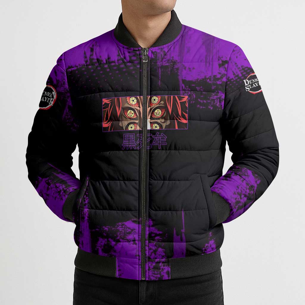 Kokushibo Demon Slayer Purple Grunge Design Bomber Puffer Jacket with Six Eyes Detail and Sword Pose - The Mazicc