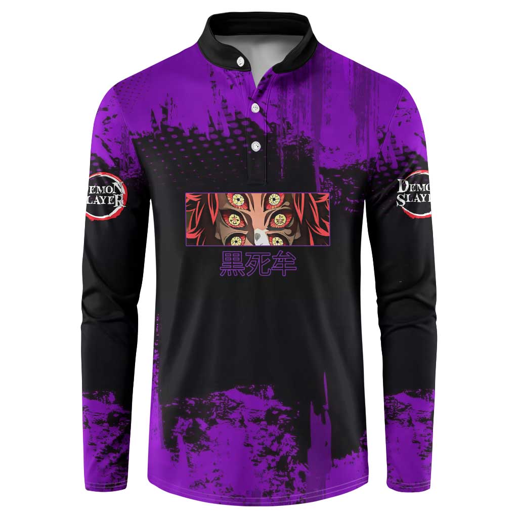 Kokushibo Demon Slayer Purple Grunge Design Button Sweatshirt with Six Eyes Detail and Sword Pose - The Mazicc