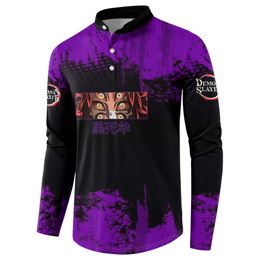 Kokushibo Demon Slayer Purple Grunge Design Button Sweatshirt with Six Eyes Detail and Sword Pose - The Mazicc