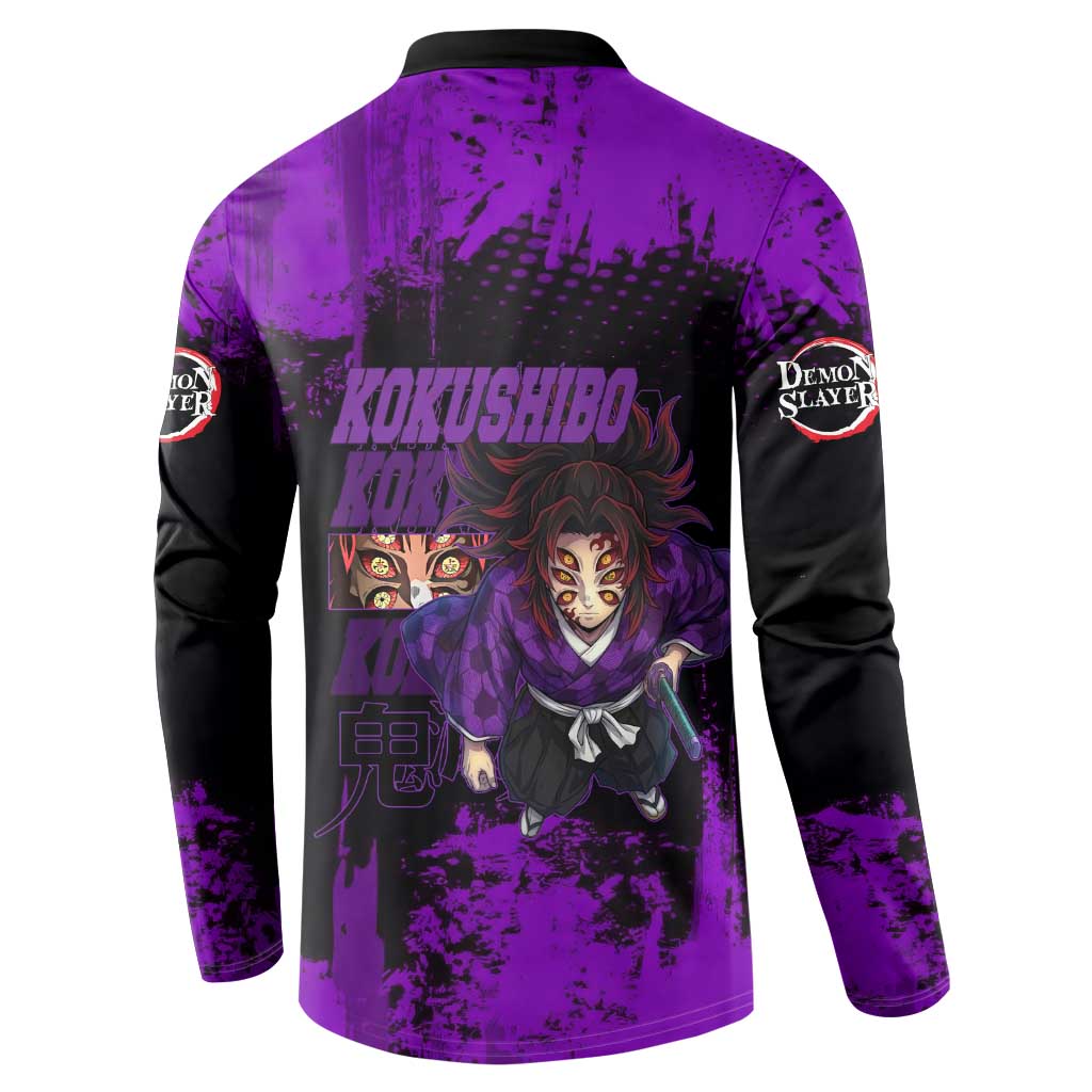 Kokushibo Demon Slayer Purple Grunge Design Button Sweatshirt with Six Eyes Detail and Sword Pose - The Mazicc