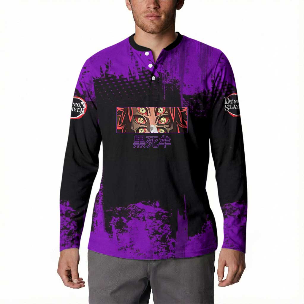 Kokushibo Demon Slayer Purple Grunge Design Button Sweatshirt with Six Eyes Detail and Sword Pose - The Mazicc
