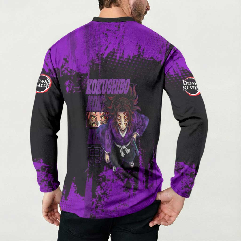 Kokushibo Demon Slayer Purple Grunge Design Button Sweatshirt with Six Eyes Detail and Sword Pose - The Mazicc