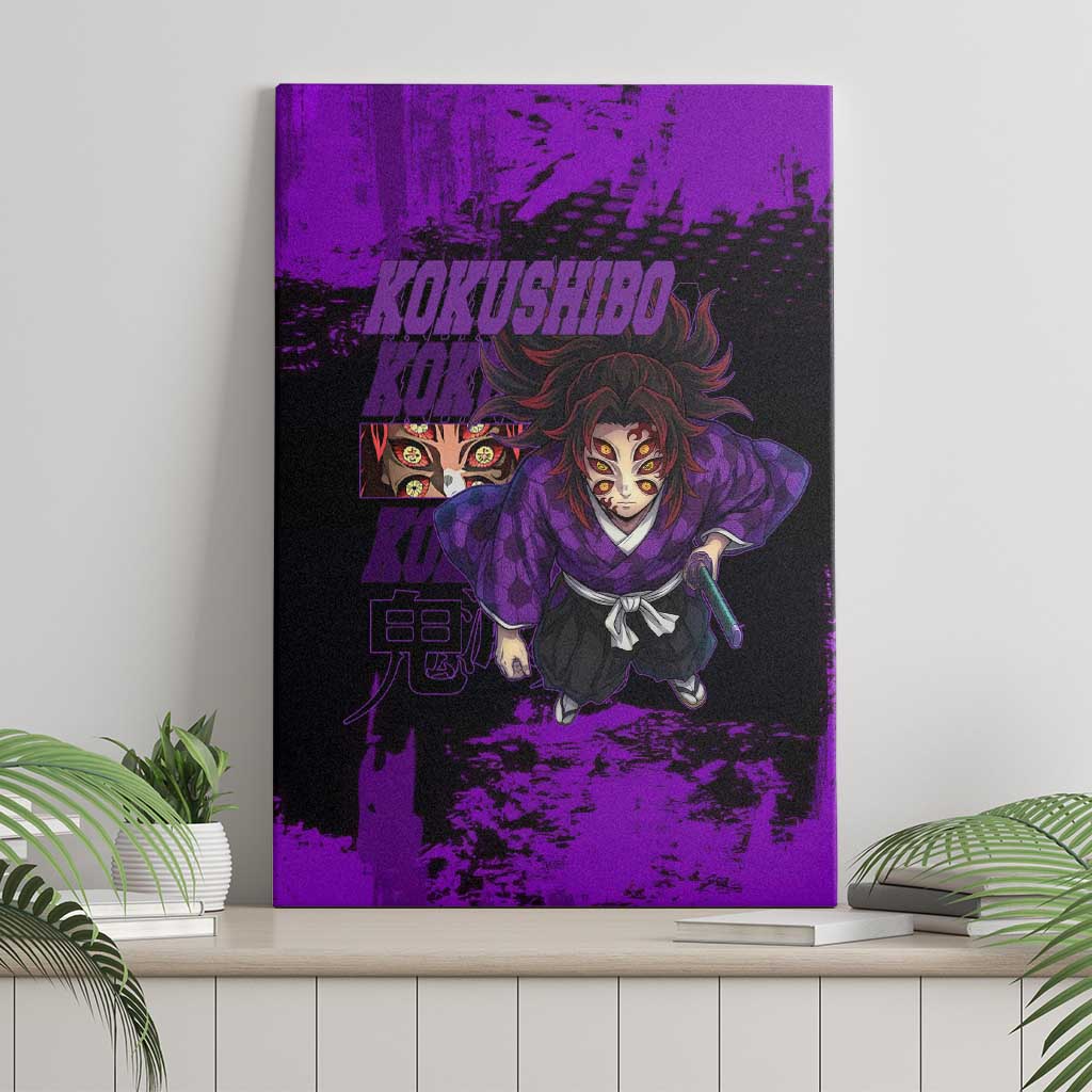 Kokushibo Demon Slayer Purple Grunge Design Canvas Wall Art with Six Eyes Detail and Sword Pose - The Mazicc