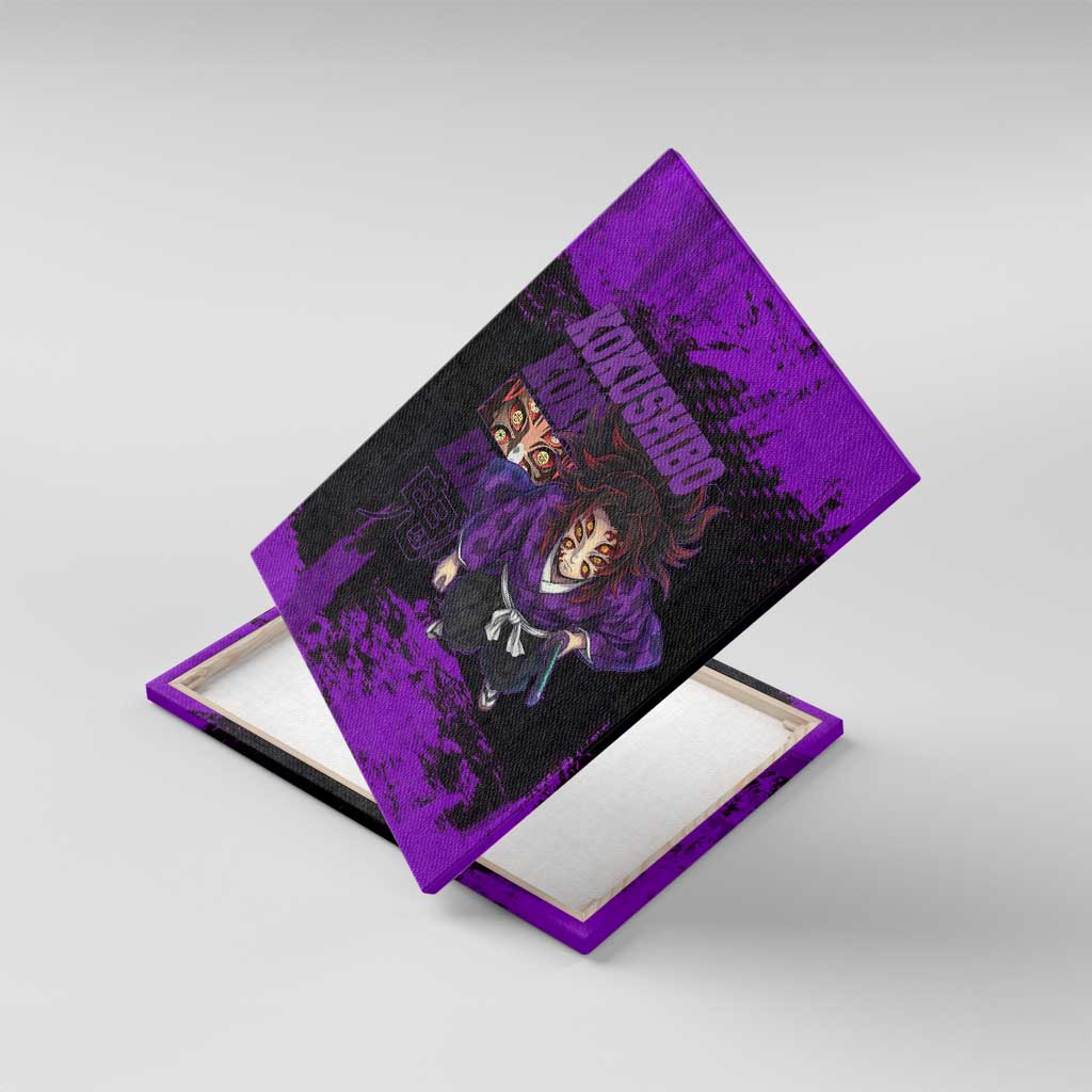 Kokushibo Demon Slayer Purple Grunge Design Canvas Wall Art with Six Eyes Detail and Sword Pose - The Mazicc