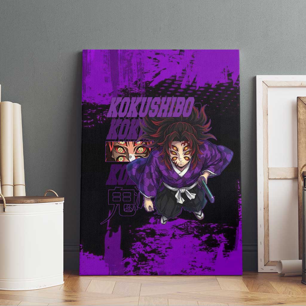 Kokushibo Demon Slayer Purple Grunge Design Canvas Wall Art with Six Eyes Detail and Sword Pose - The Mazicc