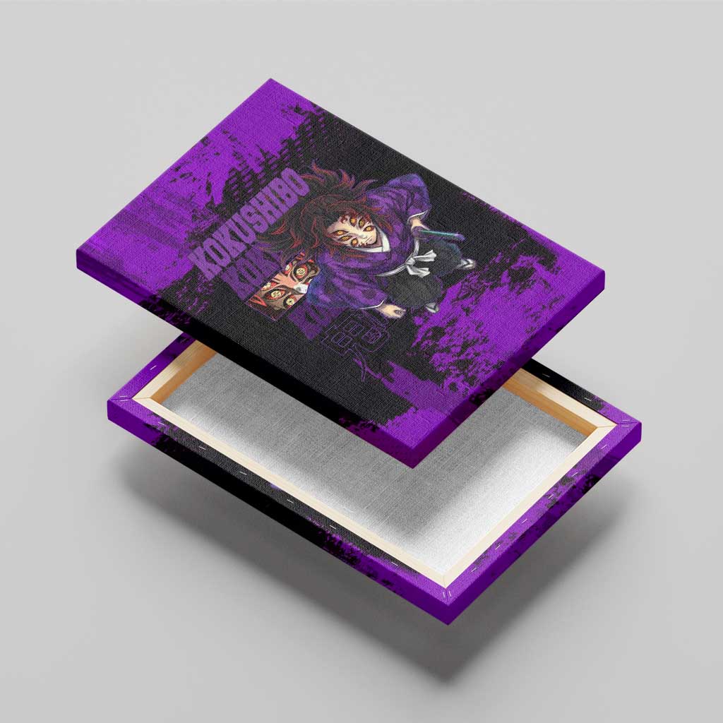 Kokushibo Demon Slayer Purple Grunge Design Canvas Wall Art with Six Eyes Detail and Sword Pose - The Mazicc