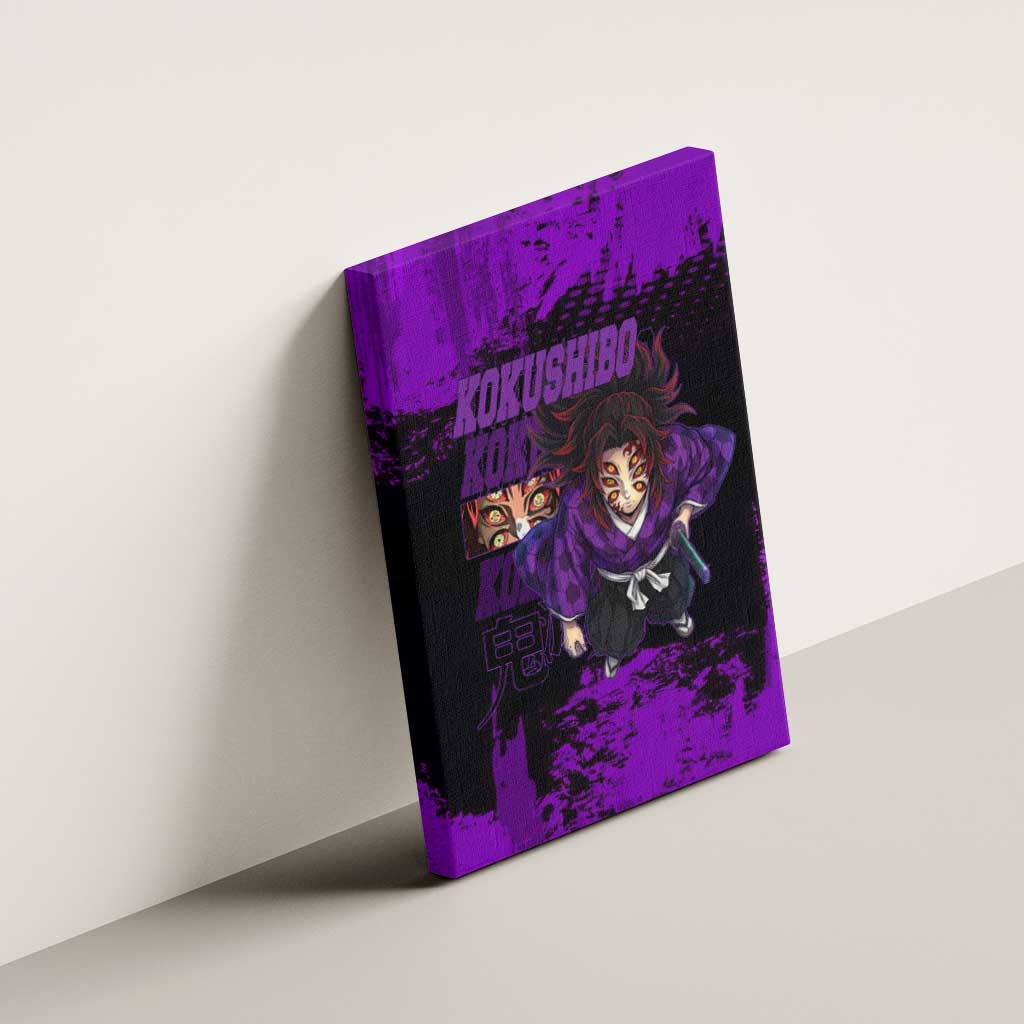 Kokushibo Demon Slayer Purple Grunge Design Canvas Wall Art with Six Eyes Detail and Sword Pose - The Mazicc