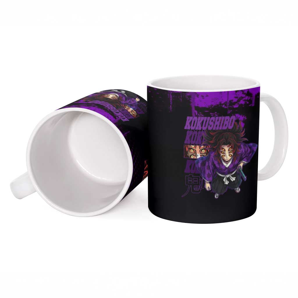 Kokushibo Demon Slayer Purple Grunge Design Ceramic Mug with Six Eyes Detail and Sword Pose - The Mazicc