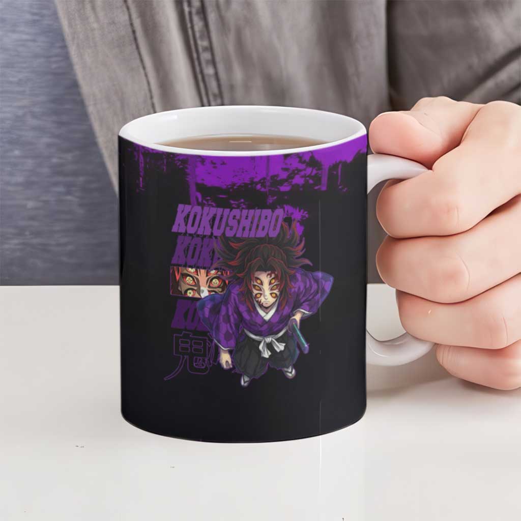 Kokushibo Demon Slayer Purple Grunge Design Ceramic Mug with Six Eyes Detail and Sword Pose - The Mazicc