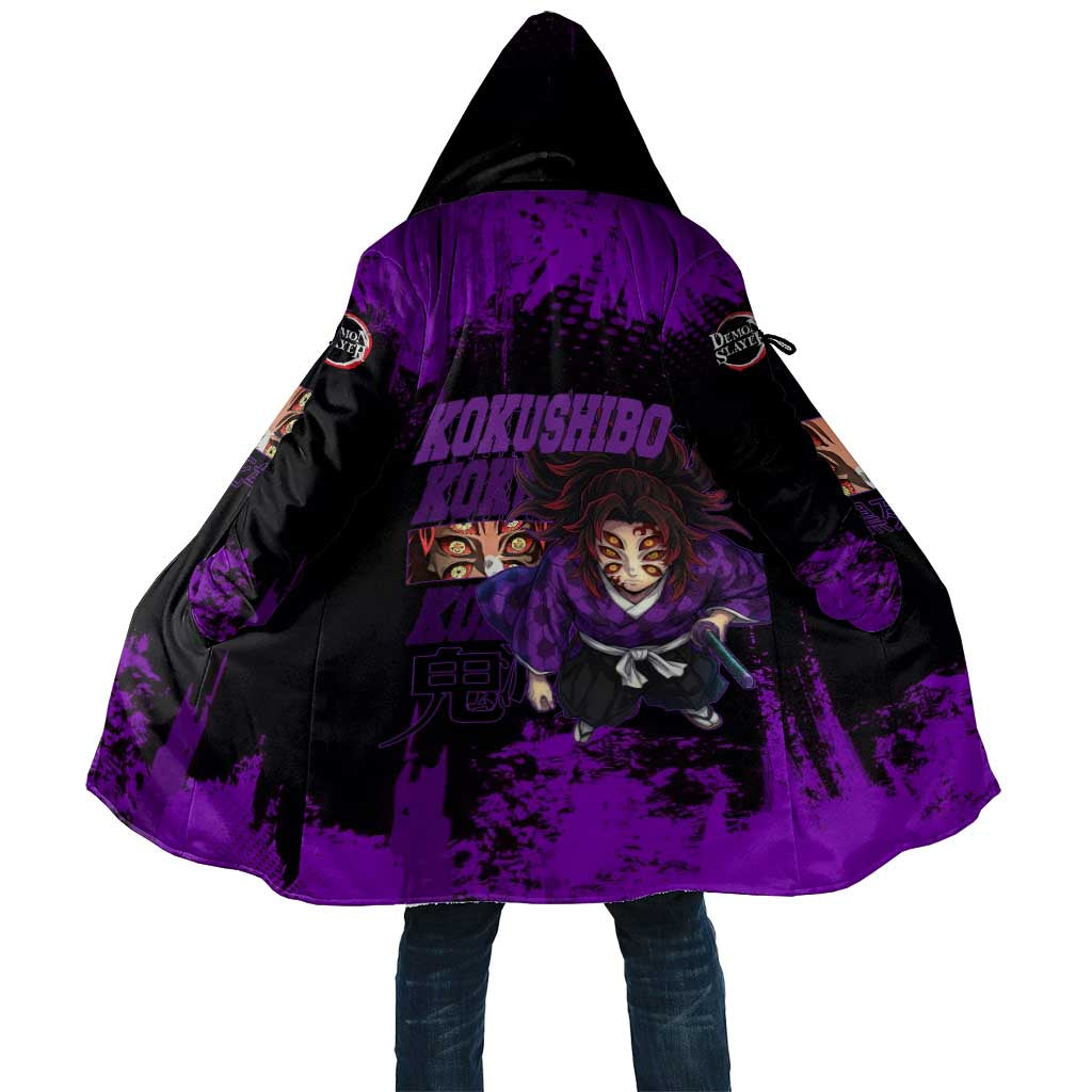 Kokushibo Demon Slayer Purple Grunge Design Cloak with Six Eyes Detail and Sword Pose - The Mazicc