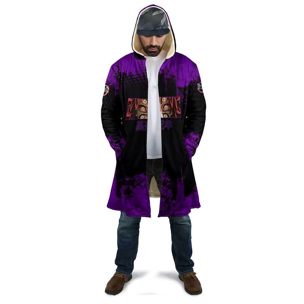 Kokushibo Demon Slayer Purple Grunge Design Cloak with Six Eyes Detail and Sword Pose - The Mazicc