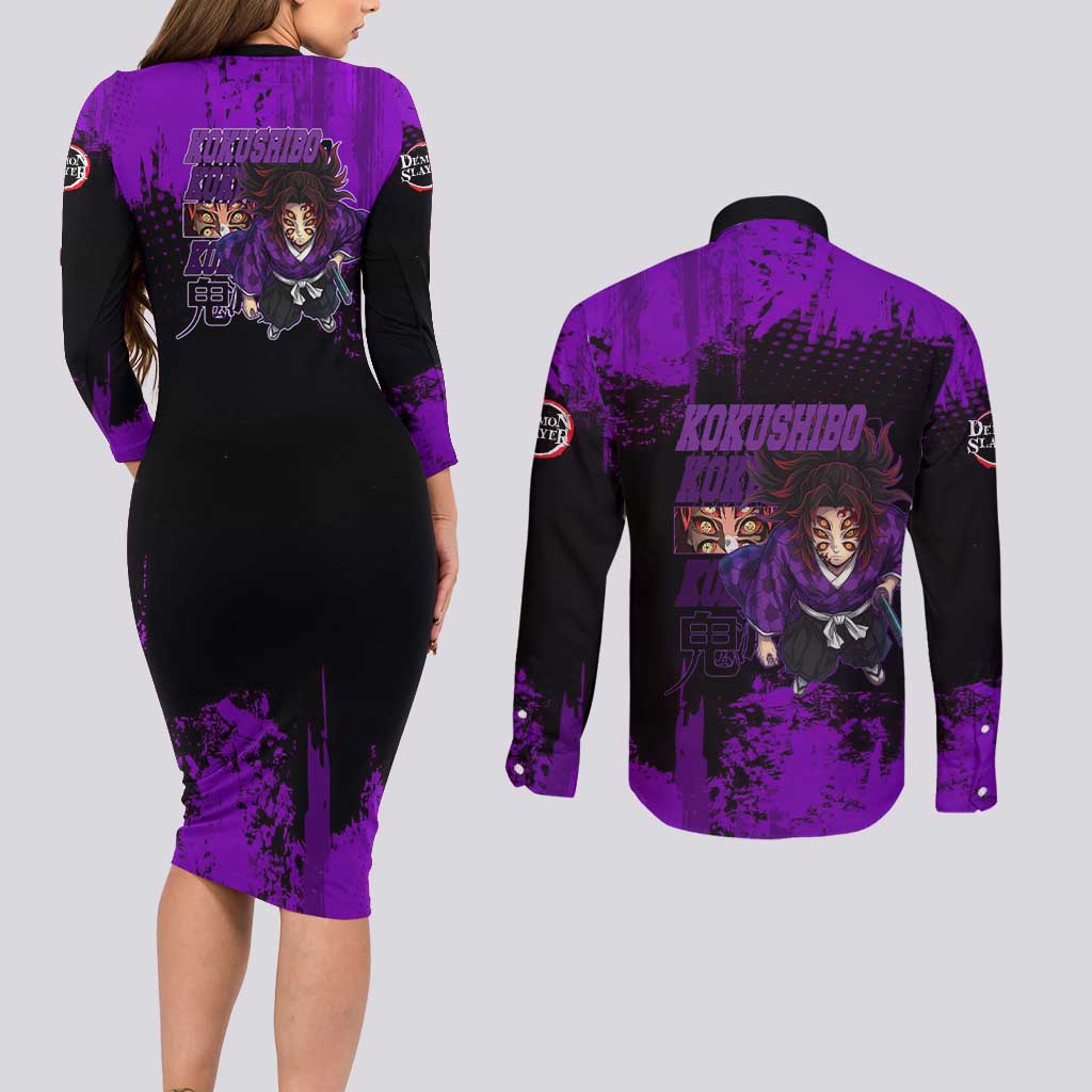 Kokushibo Demon Slayer Purple Grunge Design Couples Matching Long Sleeve Bodycon Dress and Long Sleeve Button Shirt with Six Eyes Detail and Sword Pose - The Mazicc