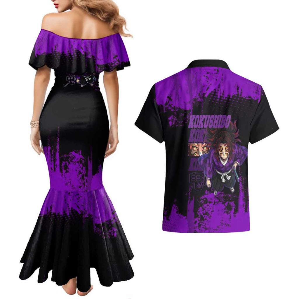 Kokushibo Demon Slayer Purple Grunge Design Couples Matching Mermaid Dress and Hawaiian Shirt with Six Eyes Detail and Sword Pose - The Mazicc