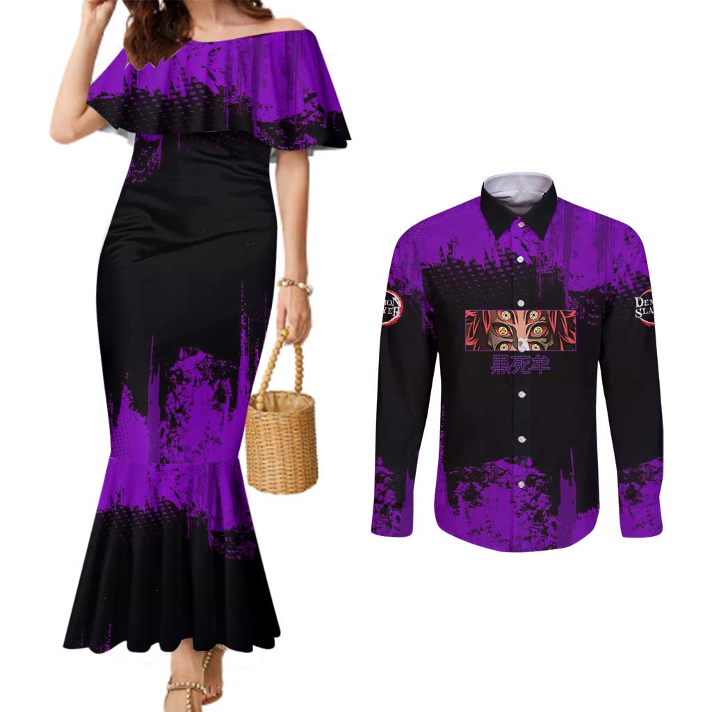 Kokushibo Demon Slayer Purple Grunge Design Couples Matching Mermaid Dress and Long Sleeve Button Shirt with Six Eyes Detail and Sword Pose - The Mazicc