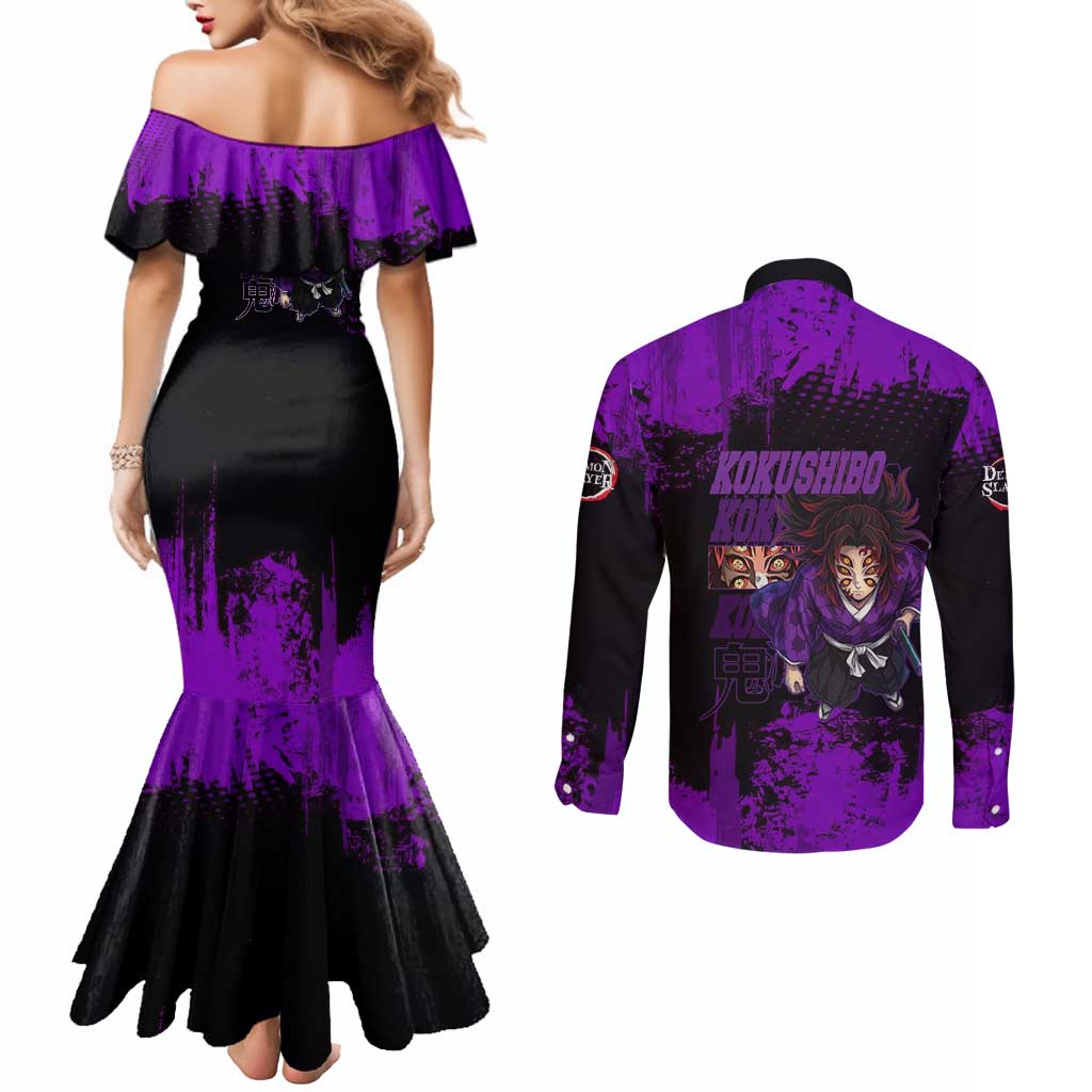 Kokushibo Demon Slayer Purple Grunge Design Couples Matching Mermaid Dress and Long Sleeve Button Shirt with Six Eyes Detail and Sword Pose - The Mazicc